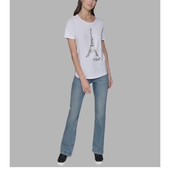 Karl Lagerfeld Paris Women's White Tee with Graphic Design, size L - Picture 1 of 14